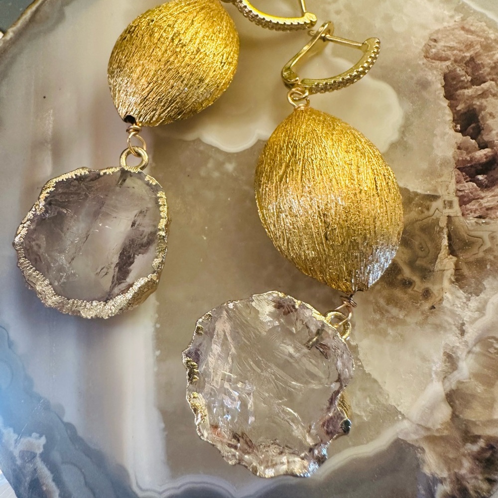 Gold Textured Earrings with Crystal Accents